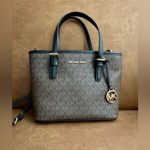 Michael Kors Jet Set Travel Tote Crossbody In Signature Brown Black